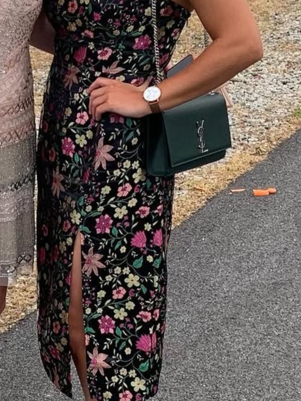 Lulu's Black Floral Midi Dress with Pink & Green Accents